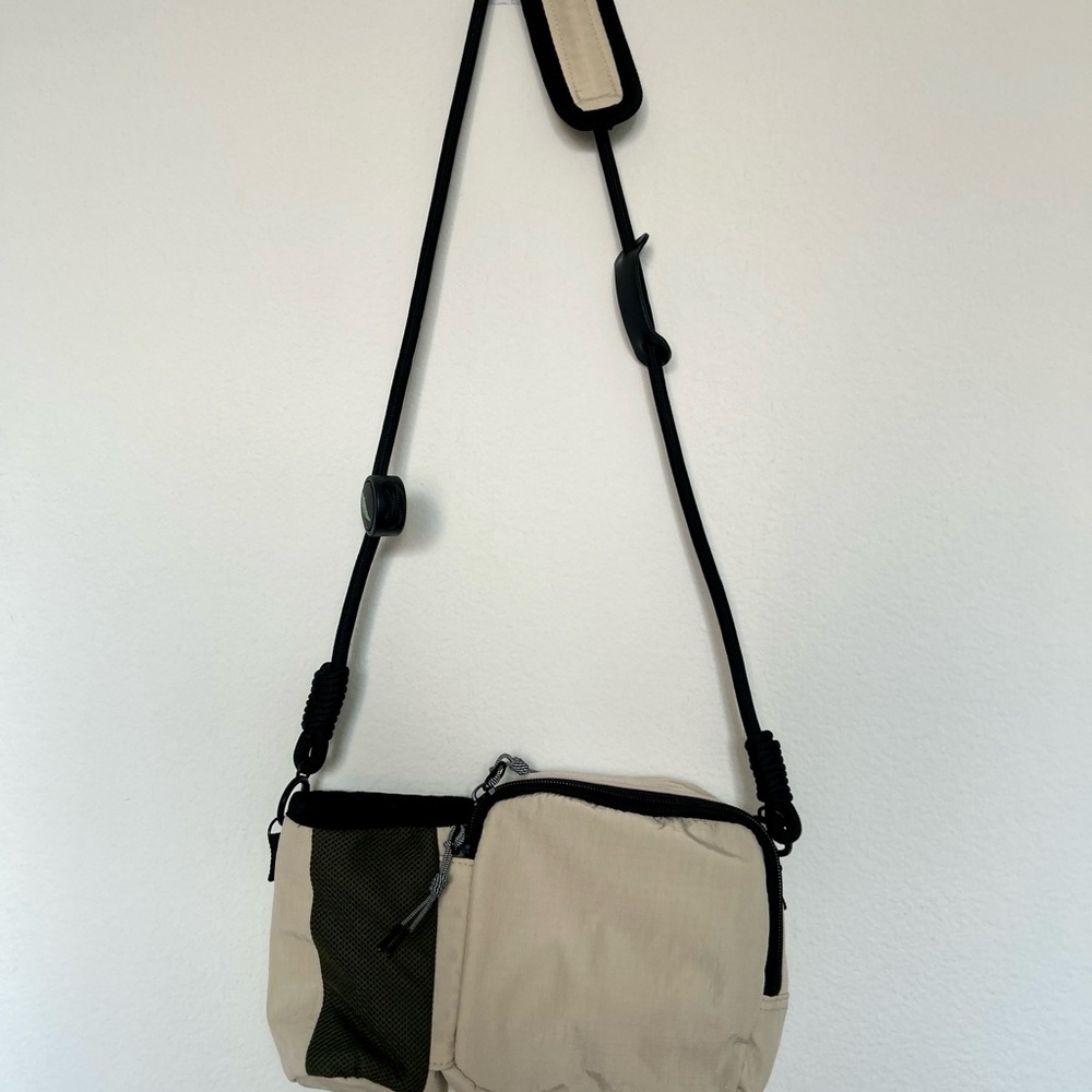 Beige and Olive Nylon Crossbody Bag with Adjustable Rope Strap